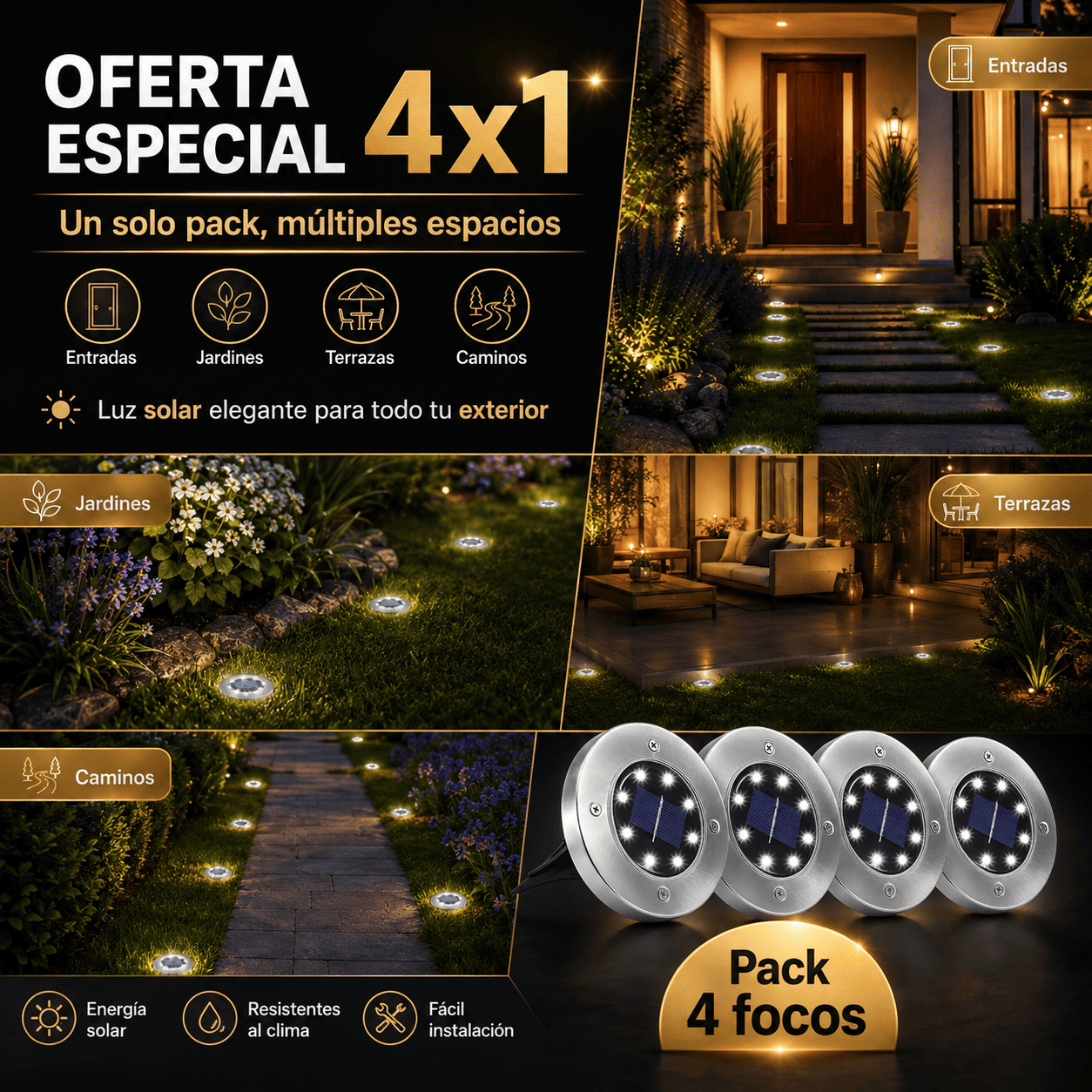 Oferta Especial 4x1 Focos Solares LED con Estaca