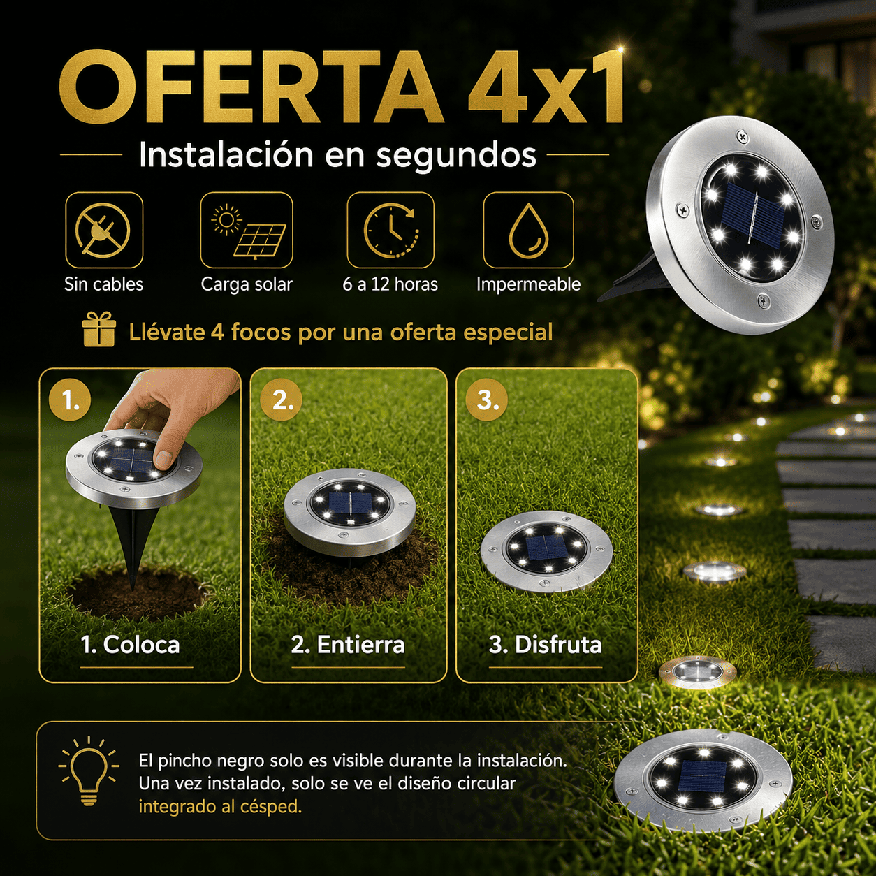 Oferta Especial 4x1 Focos Solares LED con Estaca
